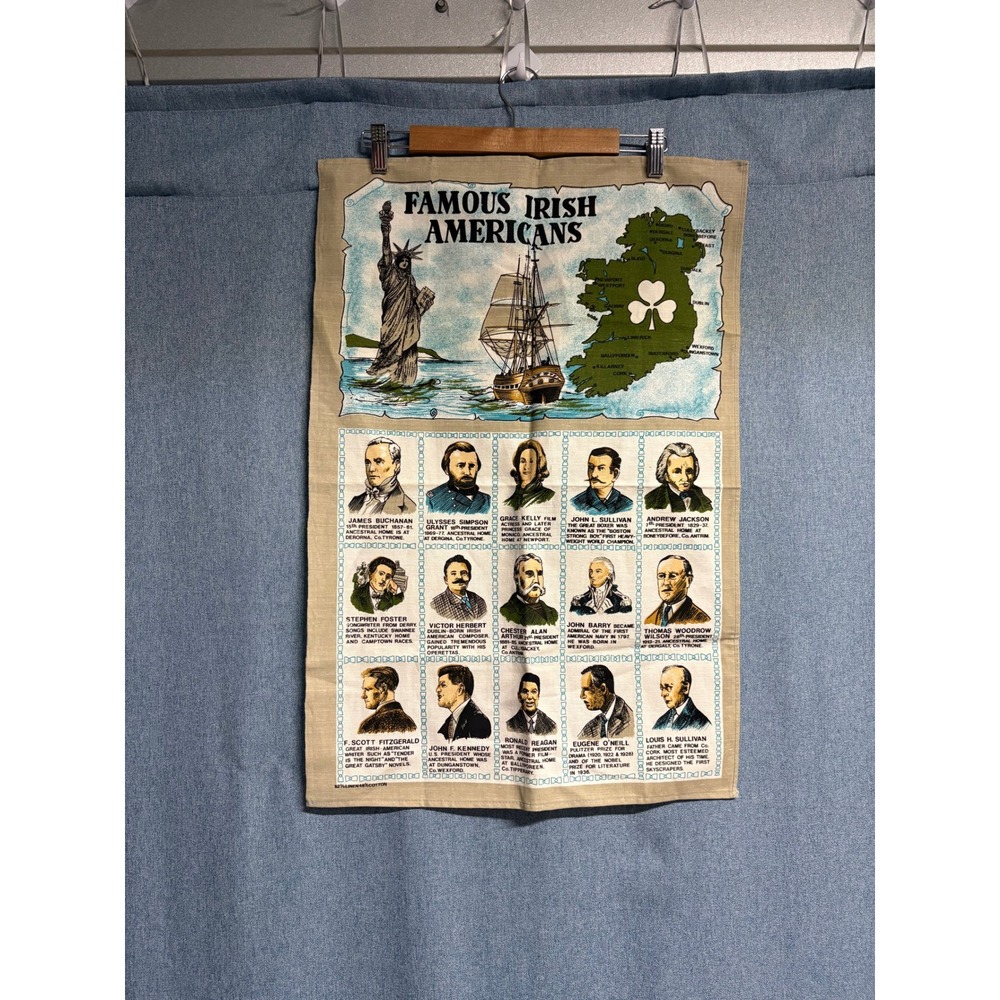 Vintage Famous Irish Americans Linen Tea Towel Made in Ireland JFK Reagan Map‎